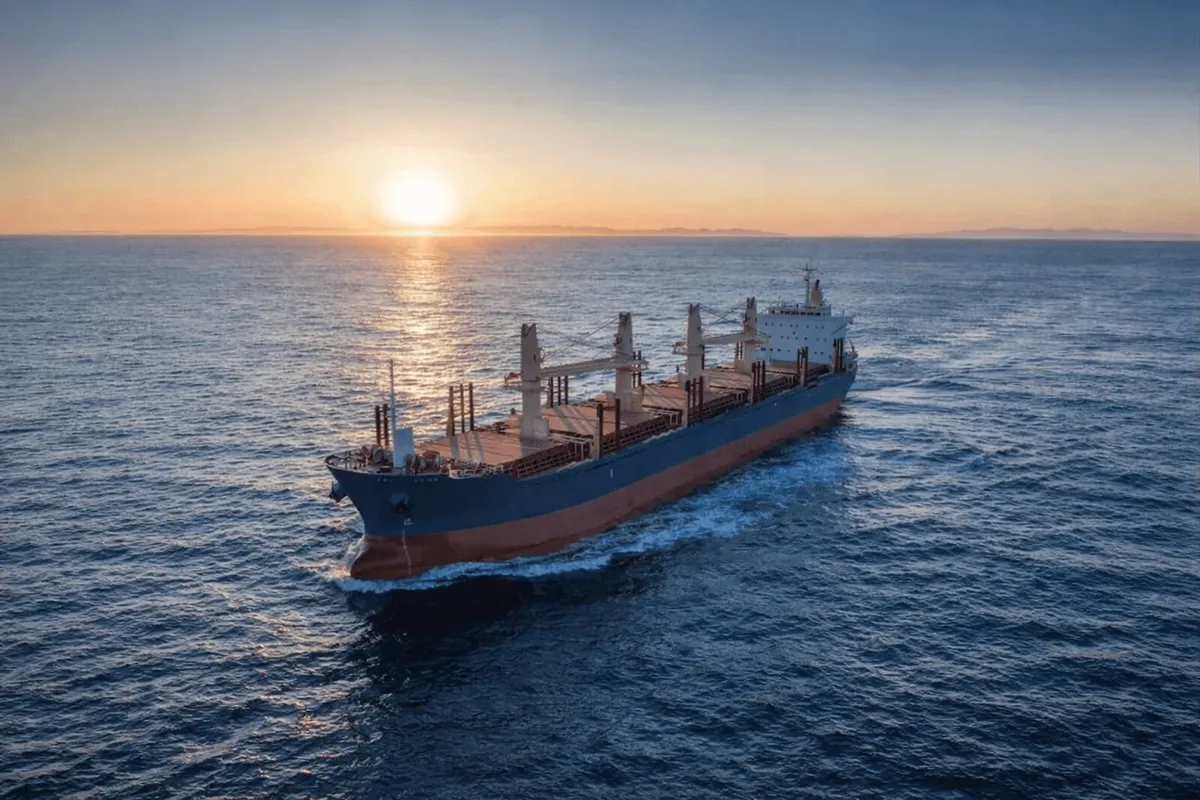 Geared bulk carrier at sea at sunset