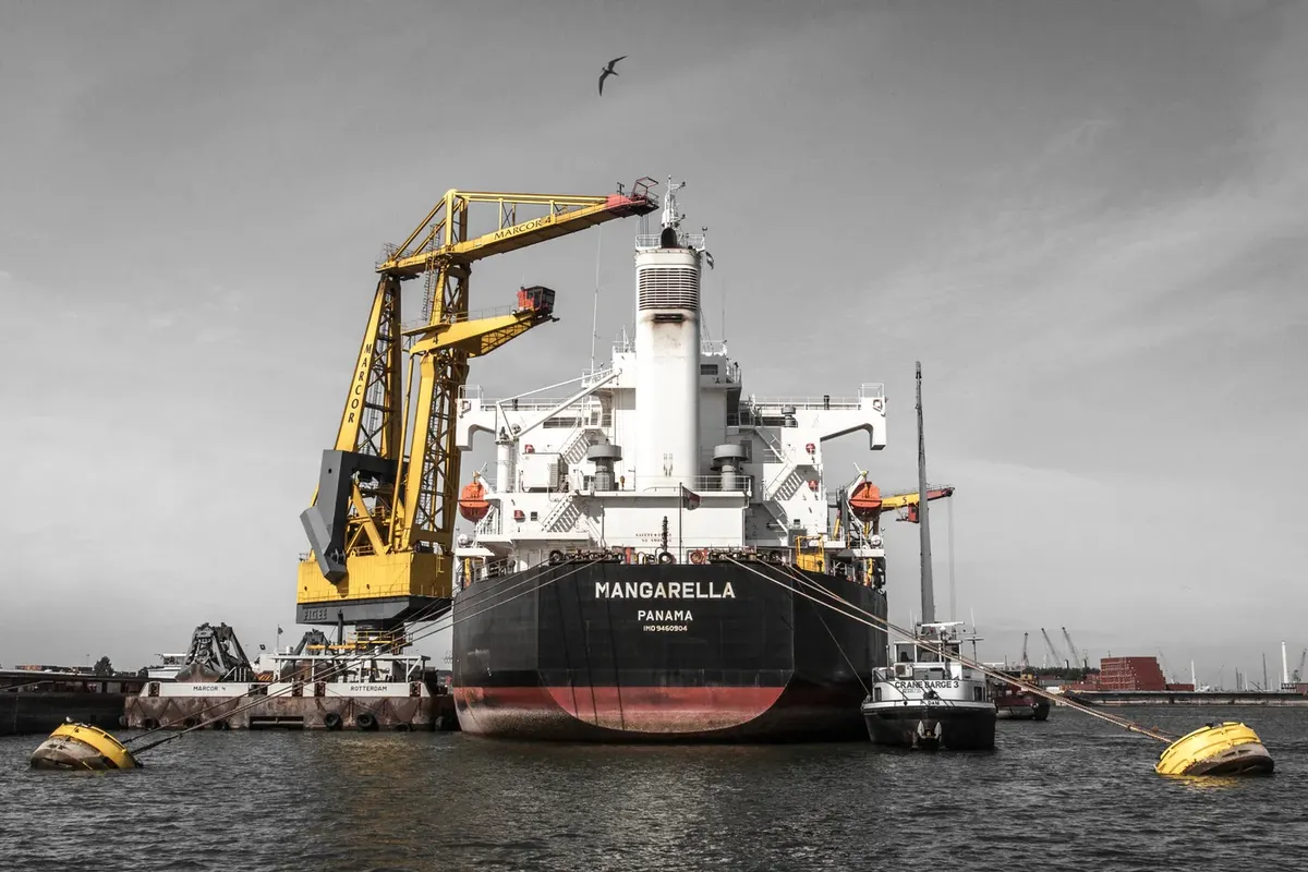 Panamax bulk carrier being loaded in port